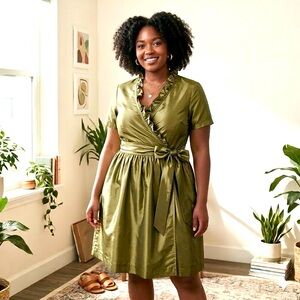 J. Crew 100% Silk Taffeta Olive Wrap Dress with Ruffle V-Neck Wedding Guest Date